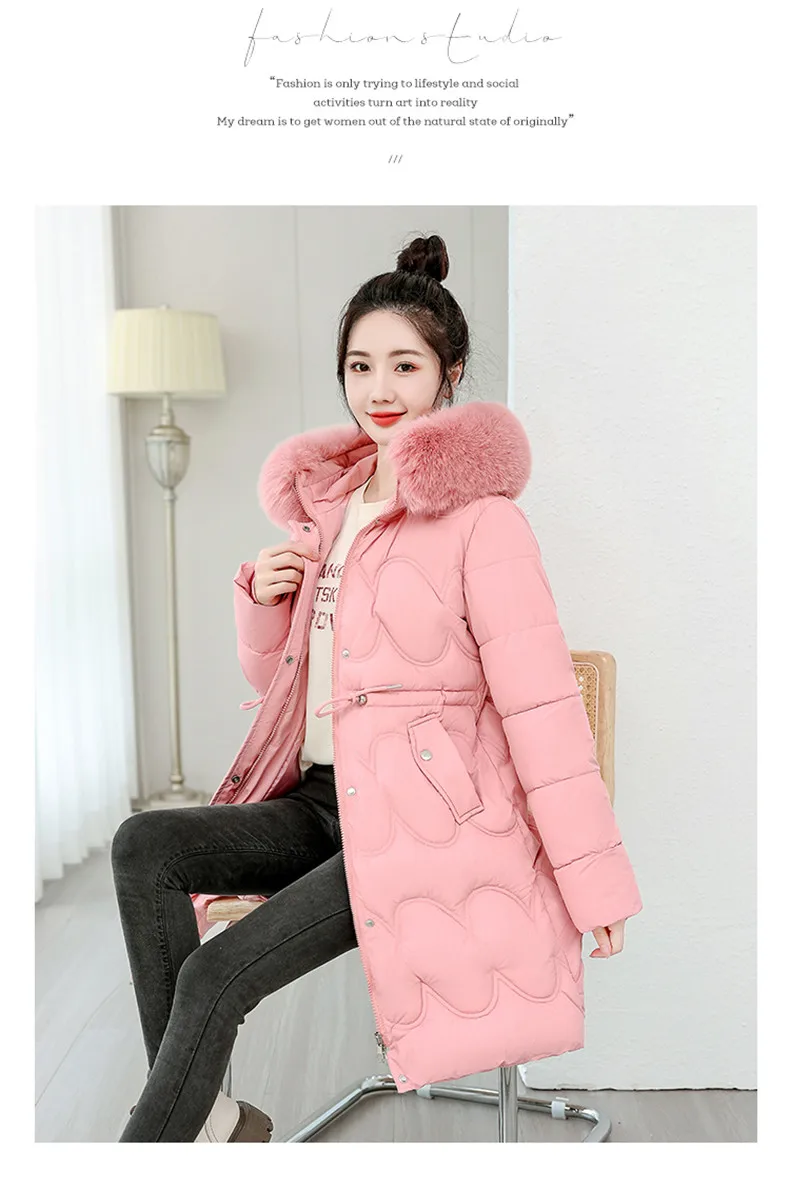 2026 Winter New Fur Collar Puffer Down Parka Loose Long Hooded Warmer Thicken Snow Jacket Pocket Zipper Outerwear Female