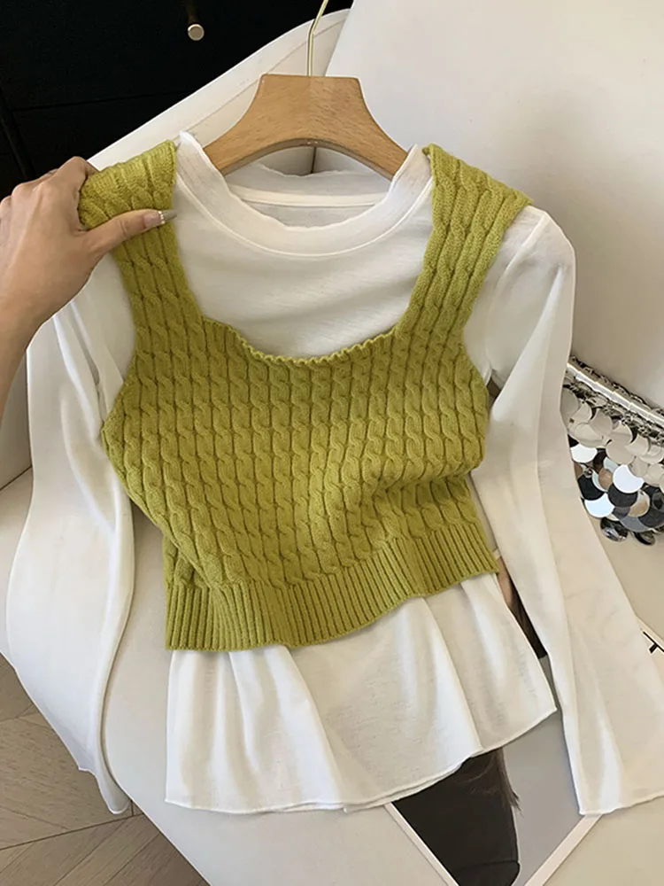 

Вязаный жилет с ретро-узором для женщин: осенне-зимний и весенний новый многослойный топ, комплект из двух предметов, корейский стиль, для повседневной носки