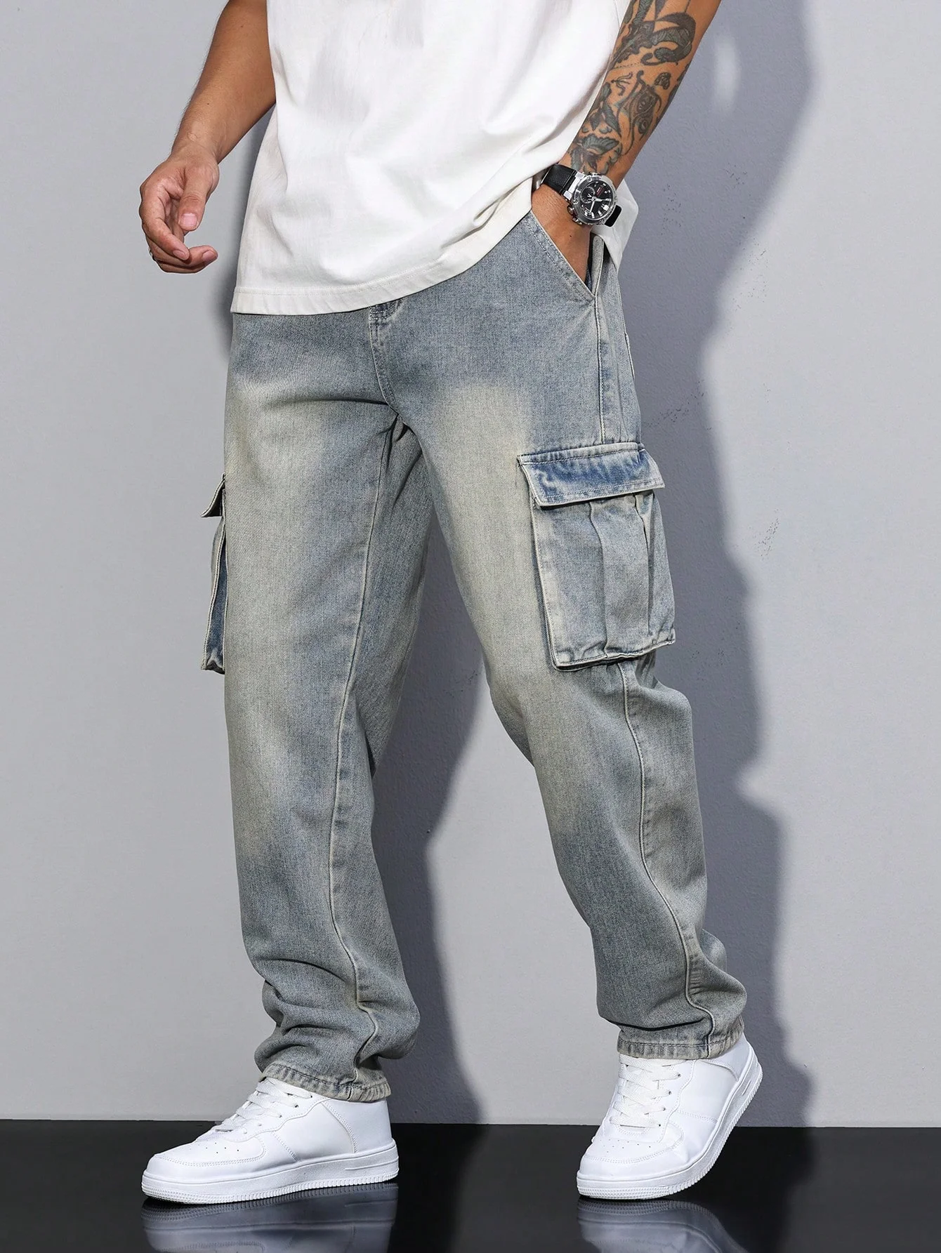Men's Slim Fit Jeans, Versatile And Stylish Cargo Pants, Trendy Washed And Distressed BlueTrousers, Suitable For All Seasons