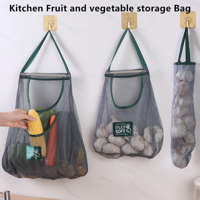 Reusable Kitchen Hanging Mesh Bag Home Fruit and Vegetable Net Pocket Hollow Storage Net Bag for Ginger Garlic Potatoes Onions