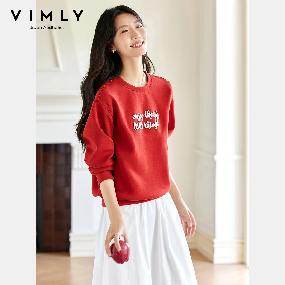 VIMLY Sports Women Sweatshirts Letter Embroider Autumn 2025 O-neck Knitted Female Sweatshirt Elegant Straight Ladies Tops A2106