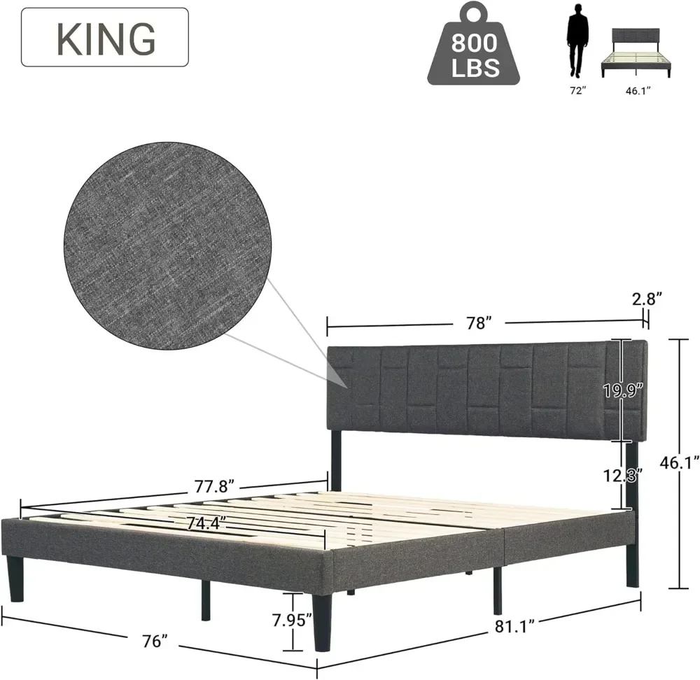 Rama łóżka typu queen-size z geometrycznym zagłówkiem - Tapicerowana rama łóżka - Nowoczesna rama łóżka na platformie - Bez sprężyny pudełkowej