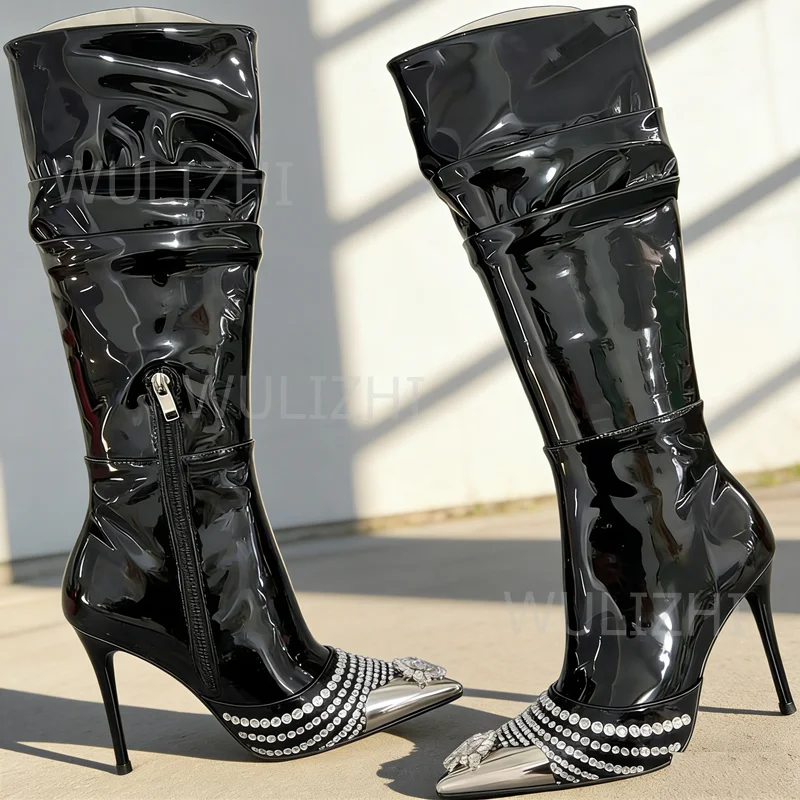 

Metallic Diamond Patent Leather Shiny Boots Women Crystal Mirror Pointed Stiletto Heel Girls Elastic Zipper Concise Booties Shoe