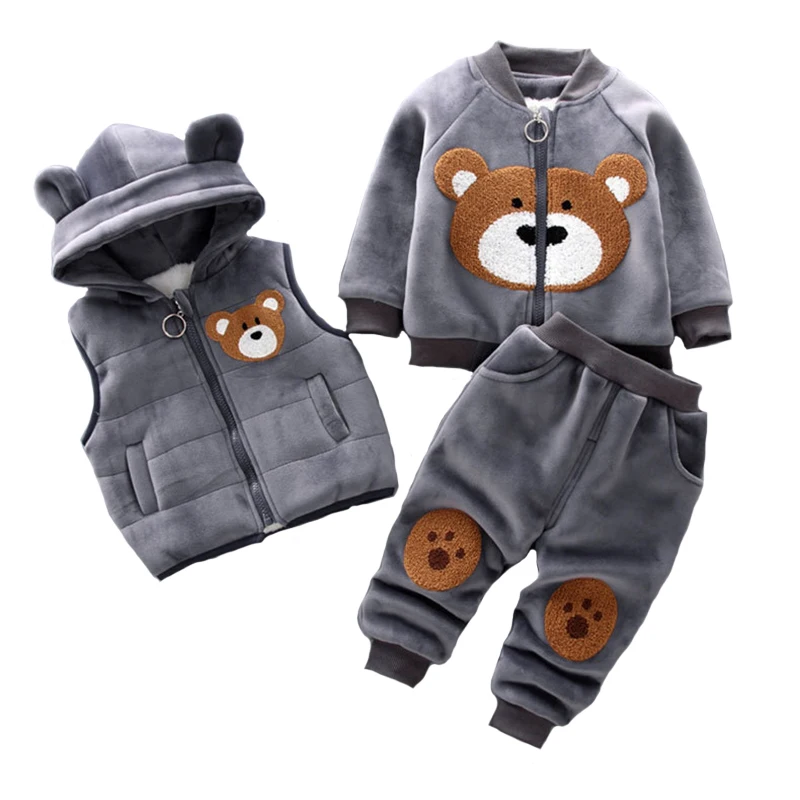 1 2 3 4 Years Old WInter Girls Boys Clothing Set Cartoon Bear Lining With Plush Vest+Jacket+Pants 3Pcs Outfit Suit For Kids