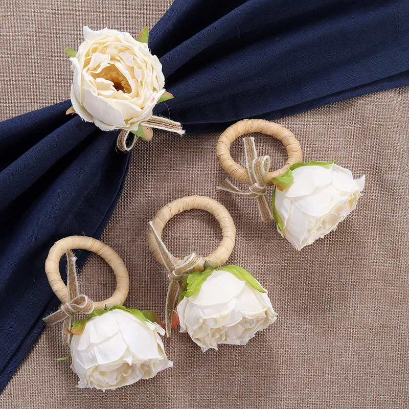 

12pcs Flower Napkin Rings Set, Rustic Burlap Jute Napkin Holders for Wedding Party Dining Table Decor