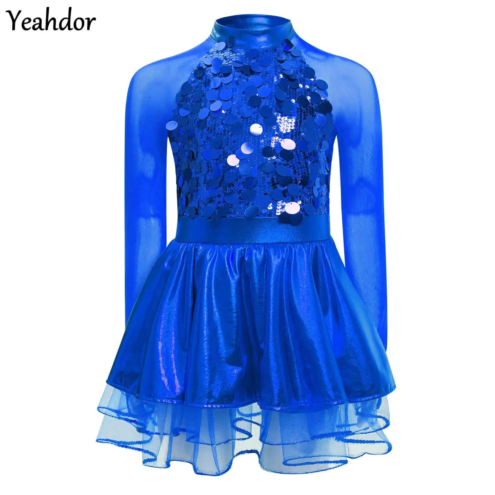 

Girls Sparkling Sequinss Metallic Jazz Ballet Dance Tutu Dress Long Sleeves Sheer Mesh Modern Skating Gymnastics Leotard Dresses