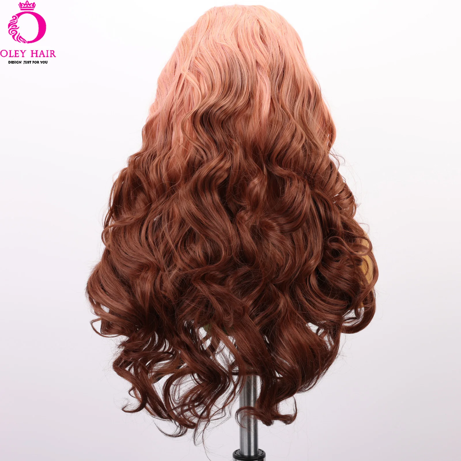 Oley Pink Gradient Long Wave Synthetic Wig Chocolate Color Front Lace Closure Wig for Women Cosplay180 Density Natural Hallline