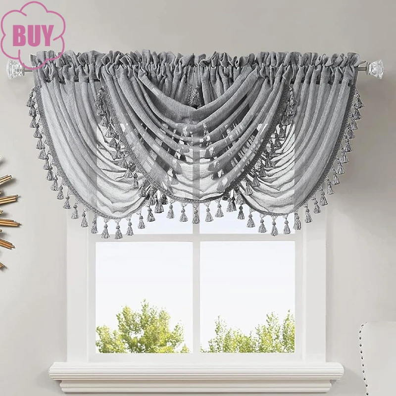 

Grey Waterfall Kitchen Valance Curtains with Tassles Decorative Solid Semi Sheer Linen Cafe Valance for Living Room Bedroom