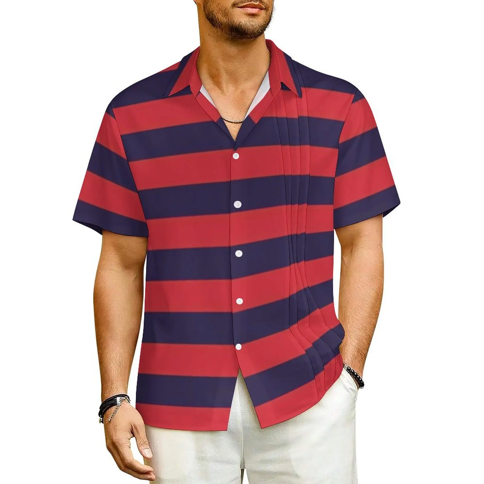 

Summer Shirt Beach Horizontal Striped Blouses Navy Blue Stripes Trendy Casual Shirts Male Short Sleeve Stylish Oversized Clothes