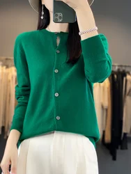 Women 100% Merino Wool O-Neck Cardigan Spring Autumn New Cashmere Sweater Quality Soft Knitwear Casual Tops Clothing Korean