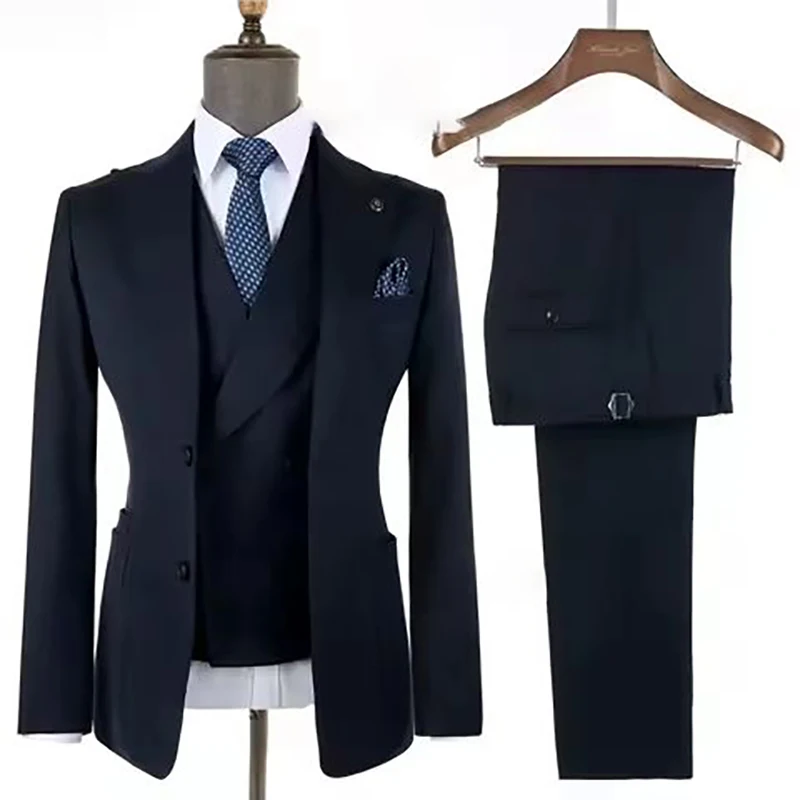 

Formal Navy Blue Men's Suits 3 Piece Jacket Pants Vest Full Sets High Quality Wedding Male Clothing Costume Homme
