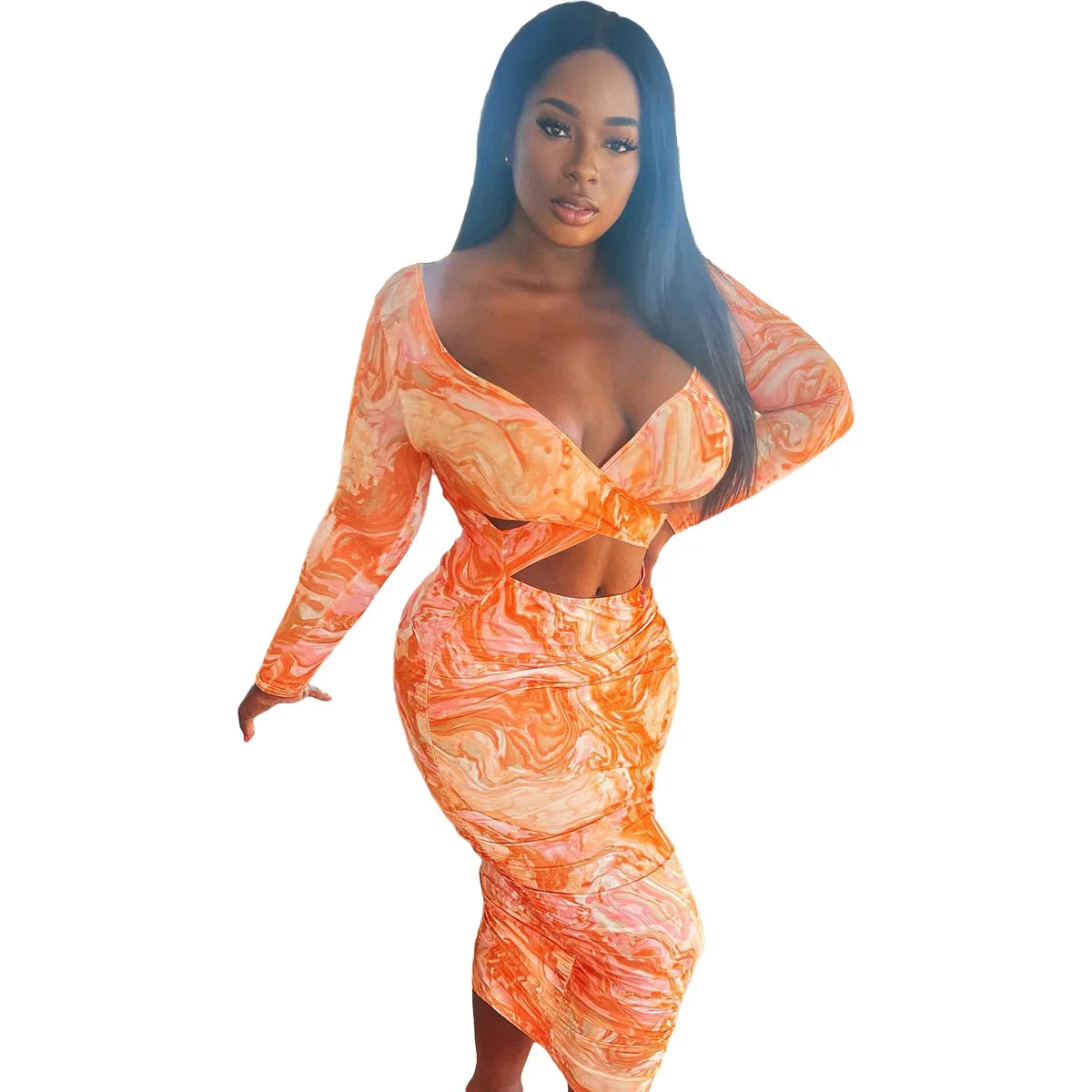 Langes und knöchellanges Batikdruck-Kleid mit ausgehöhltem Plissee und großem V-Ausschnitt, 2026, Frühling und Sommer, neues Temperament, Damen-High-Stre