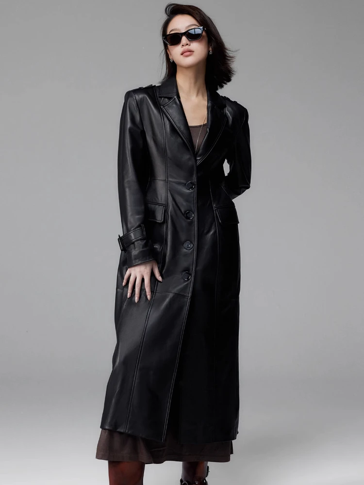 

Slim Long Genuine Leather Jackets for Women Spring Autumn 2026 New High-end Simple Elegant Black Real Sheepskin Trench Coat