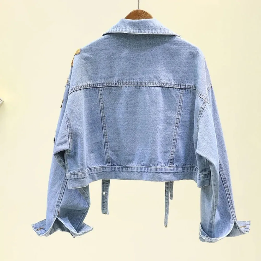 2024 Spring New Korean Version Bf Loose Heavy Industry Flower Embroidery Sequined Denim Jacket Female Short Fashion Jacket.