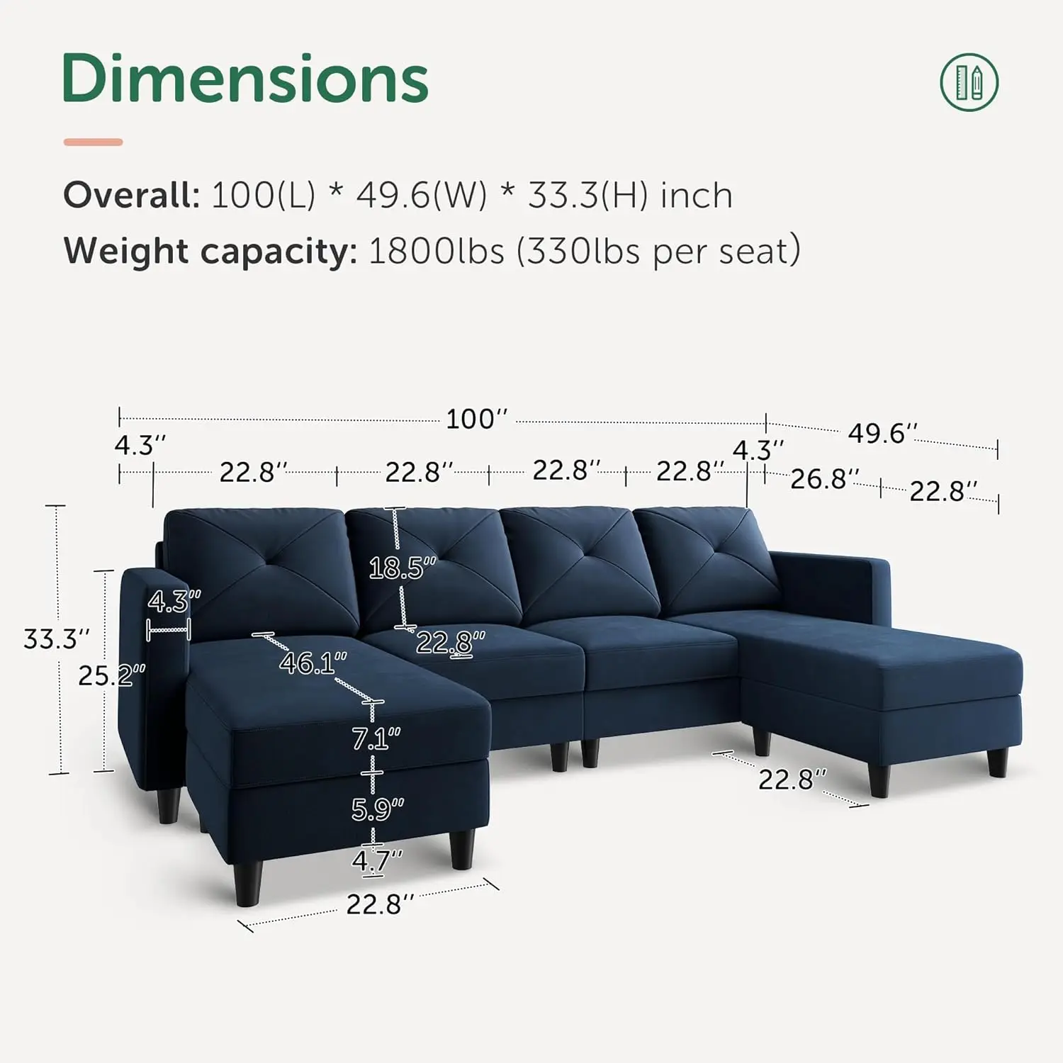 HONBAY Velvet Sectional Sofa with Chaise U Shaped Sectional Couch 4 Seat Sofa for Living Room, Dark Blue