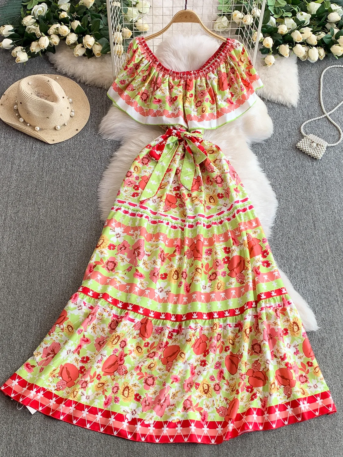 エレガントなワンショルダープリーツサマードレス レディース ハイウエストAラインミディスカート 花柄プリントビッグフリルロングドレス