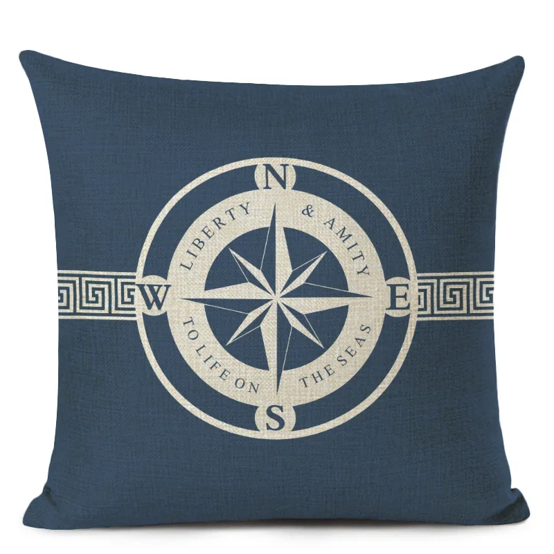 Blue Stripe Compass Boat Print Cushion Cover Nautical Style Decorative Throw Pillow Case for Home Sofa Decor