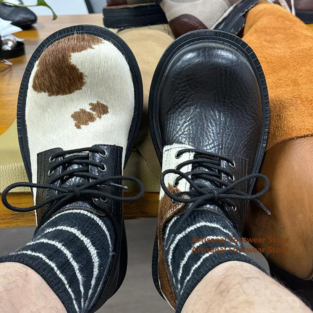 Cow Patterned Horsehair Derby Shoes Thick-Soled Height Increasing Leather Shoes for Both Men Women British Style Men's Shoes