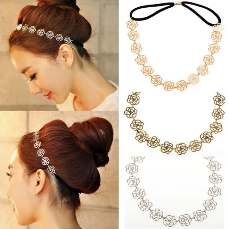 1PC Biżuteria z metalowego łańcuszka Hollow Rose Flower Elastyczna opaska do włosów