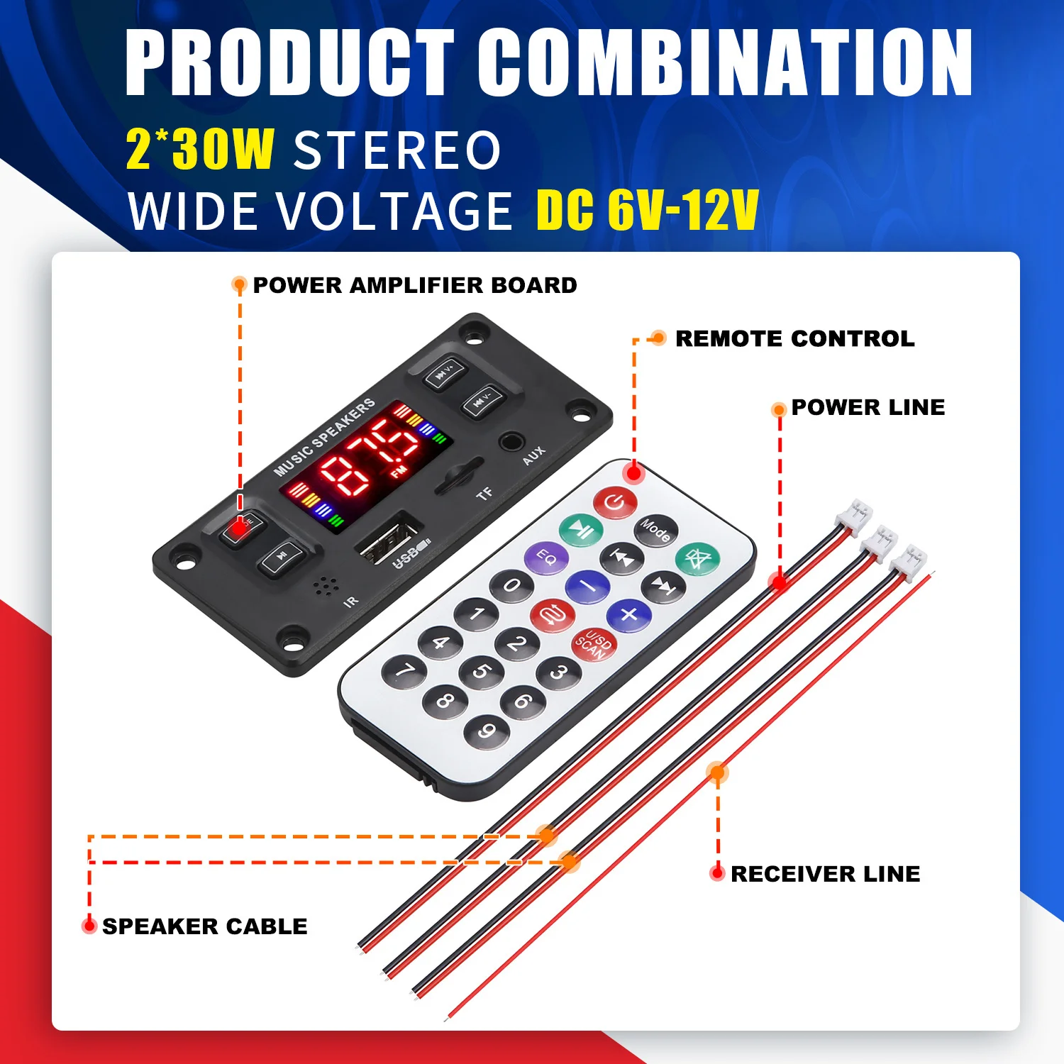 2*30W 60W Amplificatore Audio per auto USB TF Radio FM Modulo AUX Bluetooth 5.0 12V MP3 Scheda di decodifica WMA Lettore MP3 con telecomando