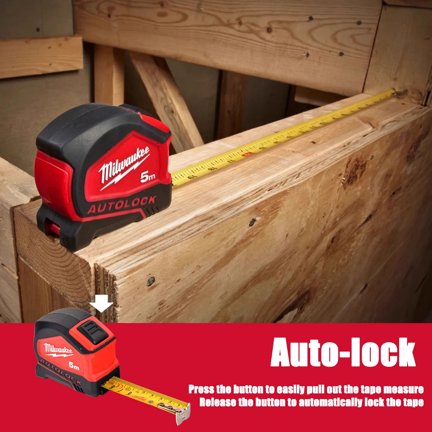 Milwaukee 5m und 8m selbstsichernde Maßbänder, hochpräzises Messwerkzeug für verstärkte Stahlspulen 48-22-6815/48-22-6818 – Detail 1