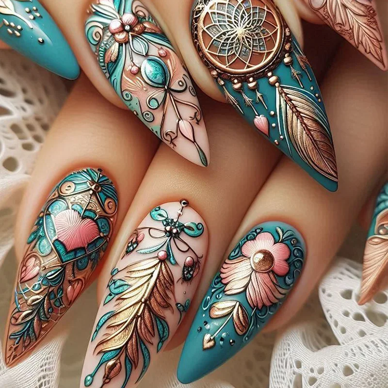 Feather Design Press on False Nail Art Press on Nails Datachable Fake Nail Tips Feather Press on Nails Almond Fake Nails Set
