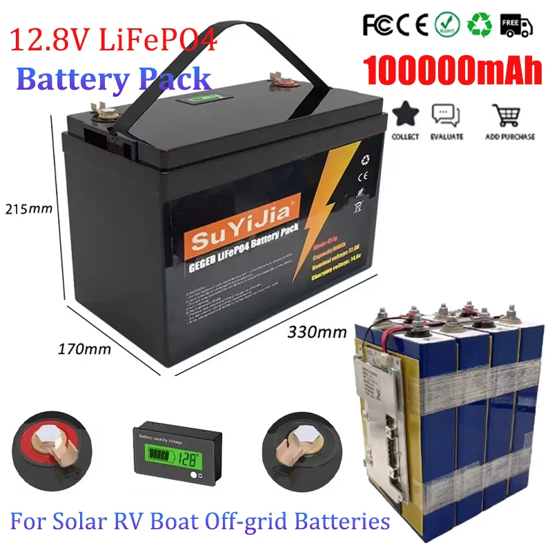 New LiFePO4 12.8V 100Ah Class A 5000+ Cycle Lithium Battery 12V 150A Suitable for Solar RV Boat Off-grid Battery Built-in BMS