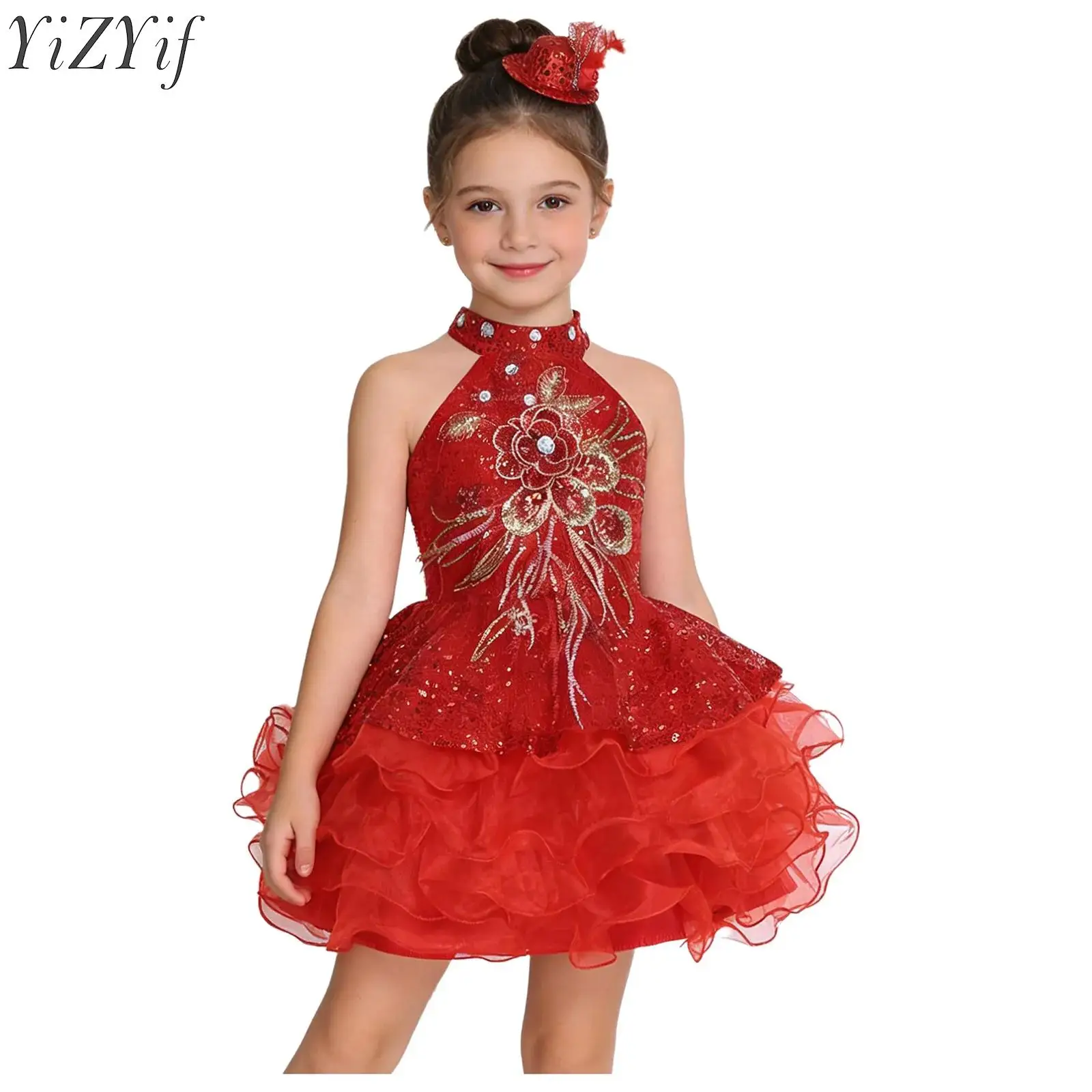 

Платье принцессы для маленьких девочек с пайетками, мини-шляпкой и заколкой для волос, блестящей аппликацией, многоярусным оборчатым подолом, платье-пачка для детских праздников и танцев