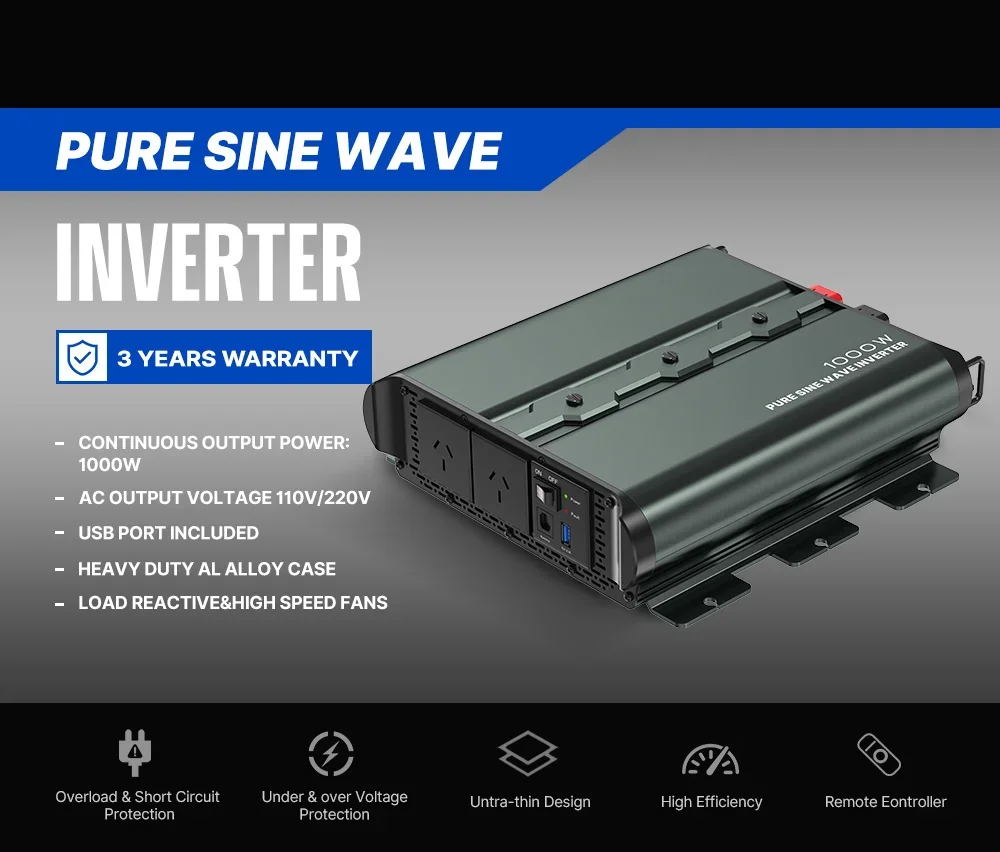 Car Portable 12V To 220V 1000W Pure Sine Wave Power Inverter