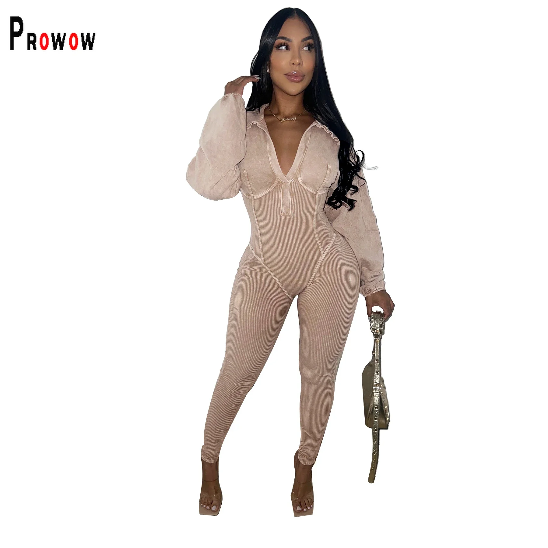 

Prowow Fashion Women's Jumpsuits Solid Color High Waist Long Sleeve Female Clothing Turn-down Collar One-piece Romper Outfits