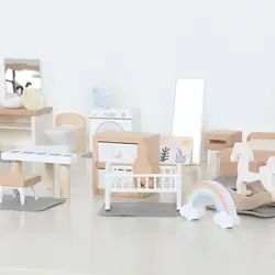 Juego de casa de juegos de madera, Mini casa de muñecas, muebles simulados, conjunto de decoración, artículos de cocina para dormitorio, accesorios de mesa y sillas