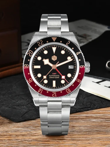 Imagen 2 del producto San Martin 39mm NH34 GMT reloj de lujo para hombre bisel de aluminio bidireccional zafiro mecánico automático 100M impermeable SN0109