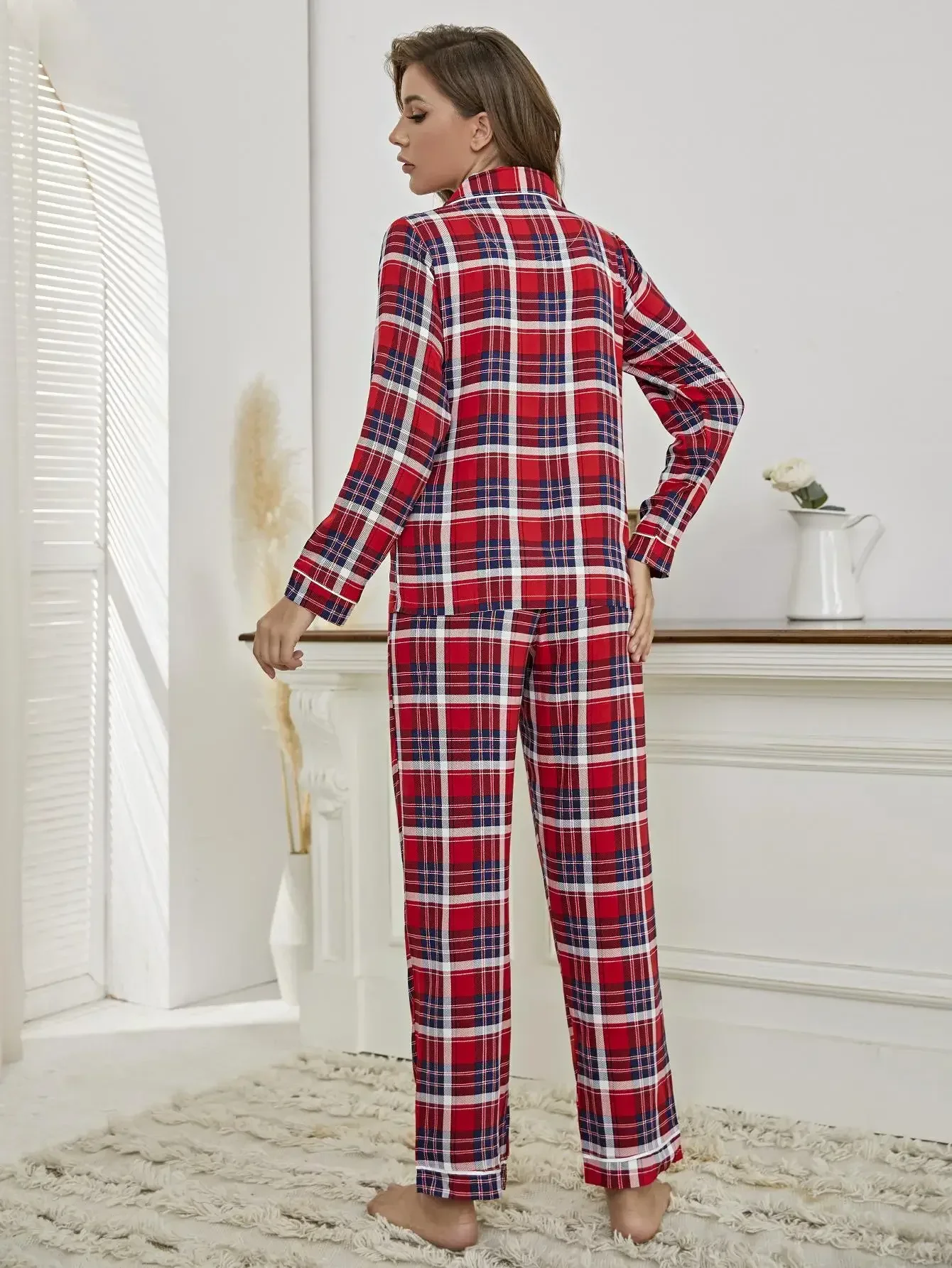 Women\'s Pajamas Set Long Sleeve Notched Collar Top & Plaid Pants Autumn 2 Pieces Sleepwear Female Nightwear Loungerwear Clothes