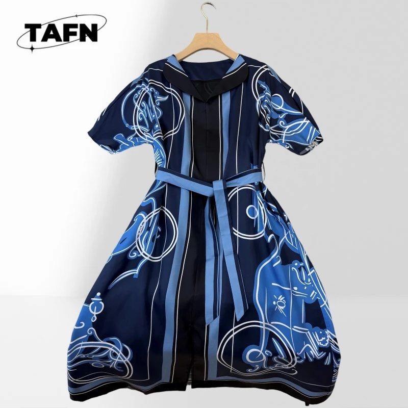 100% Silk Women Abstract Print Midi Dress Short Sleeve Tie Waist A Line Dress French Chic Elegant Resort Wear Summer BF2030
