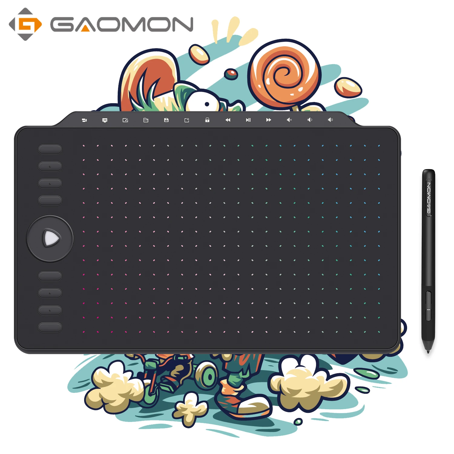 Tablet gráfico de desenho Gaomon M1220, 8 teclas Express, 13 teclas multimídia, 12 