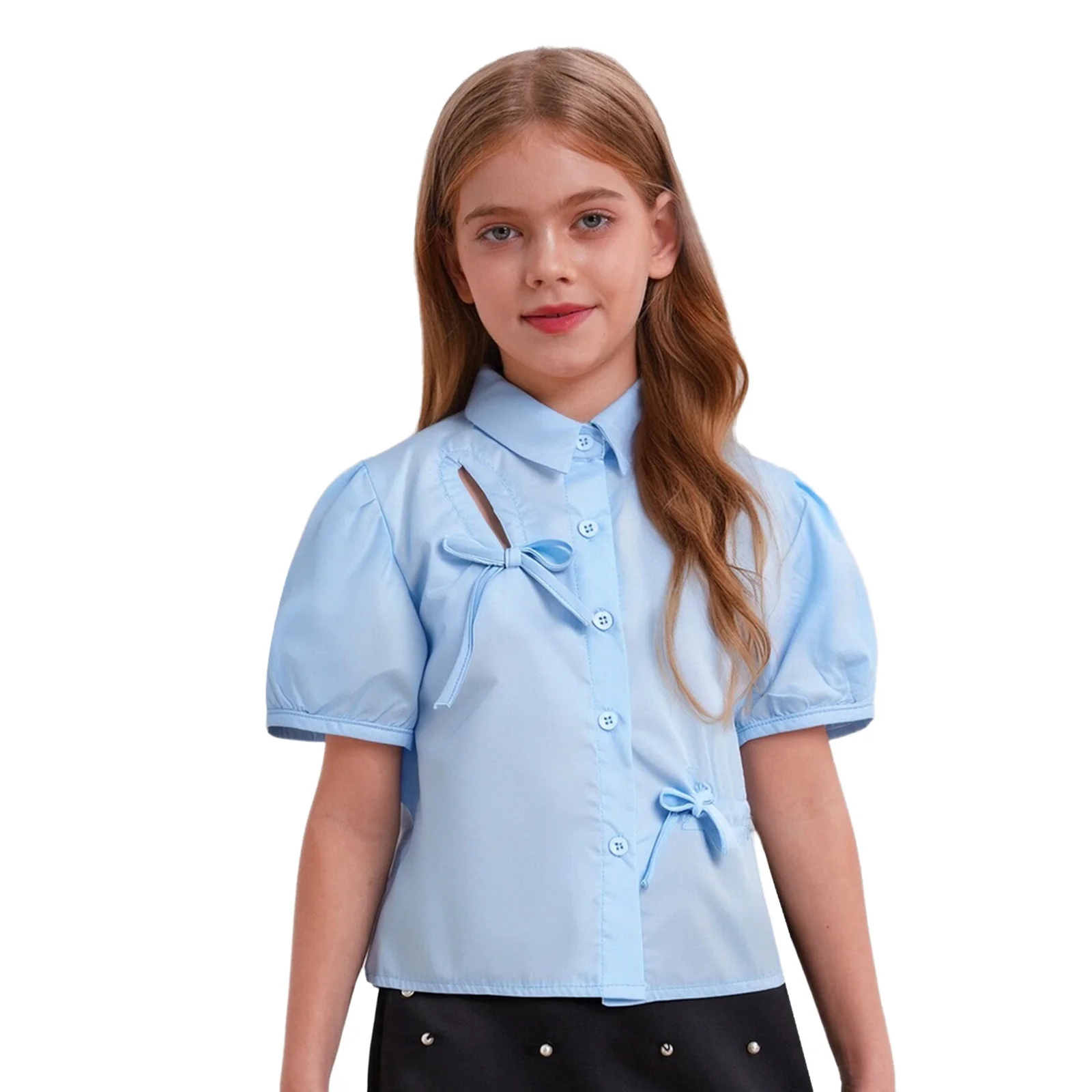 

Kids Girls Shirt Cute Bowknots Keyhole Turn-Down Collar Short Sleeves Button Blouse Top for School Birthday Party Holiday Beach