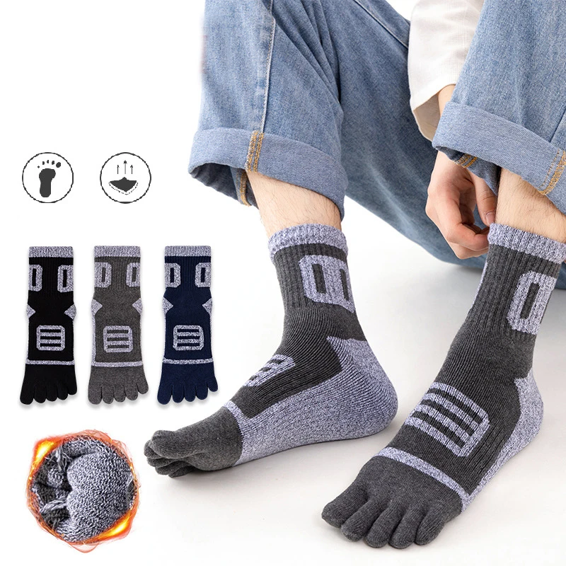 3 Pairs Man Toe Terry Socks Sport Thick Cotton Compression Towel Bottom Fitness Outdoor Basketball Hiking Cycling 5 Finger Socks