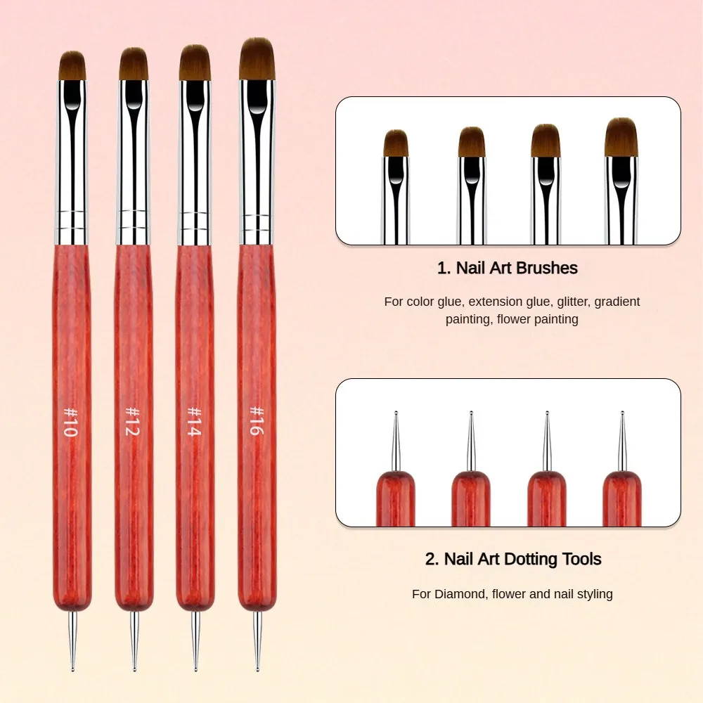 4PCS Double-ended Redwood French Nail Art Brushes Set - Gel Dotting & Builder Tools for Cuticle Clean Up Nail Art Design Boxed