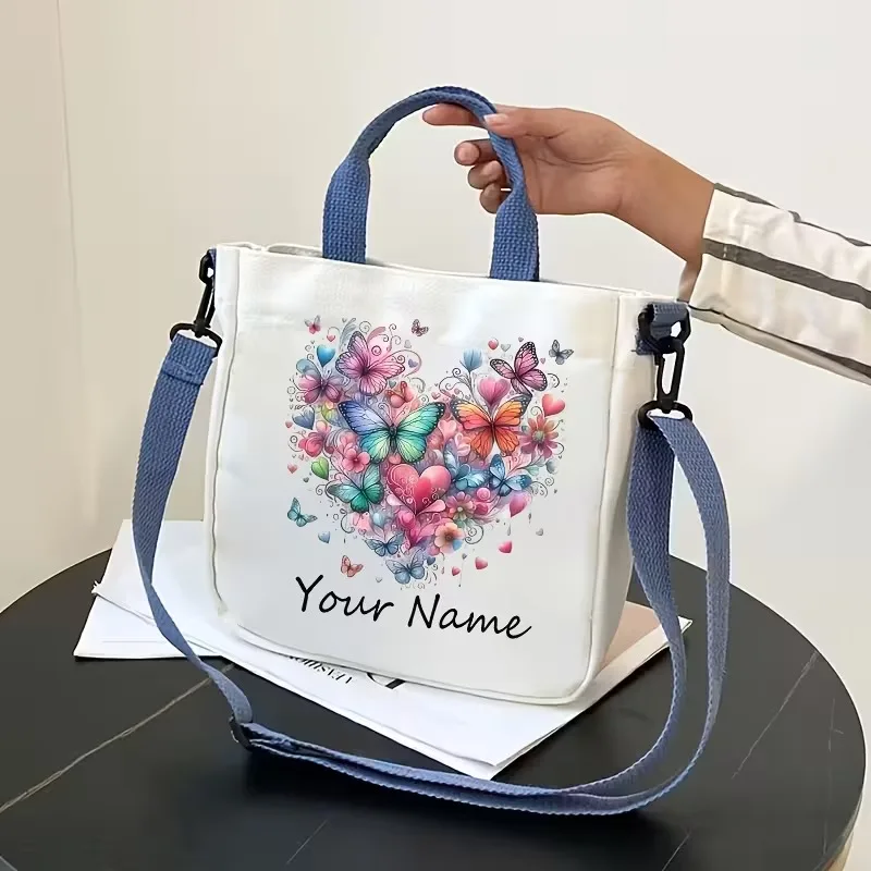 Custom Name Rainbow Butterfly Floral Crossbody Bag-Custom Colorful Design White Shoulder Bag for Women, Perfect Gift for Mothers