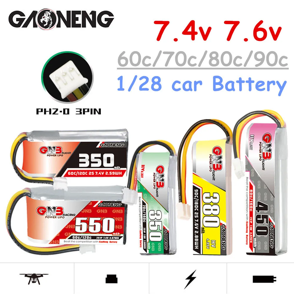 GNB HV 7.4V 7.6V 350/380/450/550mAh 60/70/80/90C Lipo Battery For 1/28 Rc Racing Drift Car Spare Parts Drift Rally Vehicle Toys