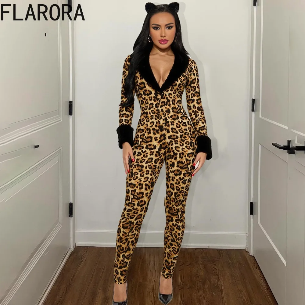 FLARORA Furry Leopard Printing Jumpsuits Woman Sexy Deep V Neck Full Sleeve Skinny High Waist Midnight Party Clubwear Overalls