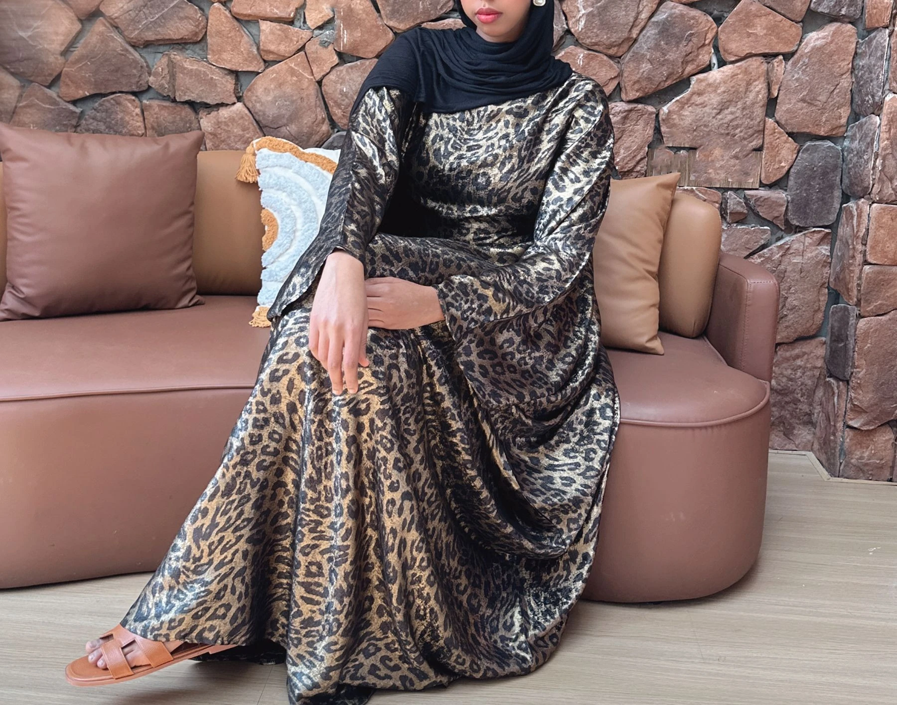 

African Women's Printed Dress, Bat-sleeve Leopard Print Long Dress, Muslim Abaya, Dubai, Turkey, Islamic Attire, Hijabkota Dress