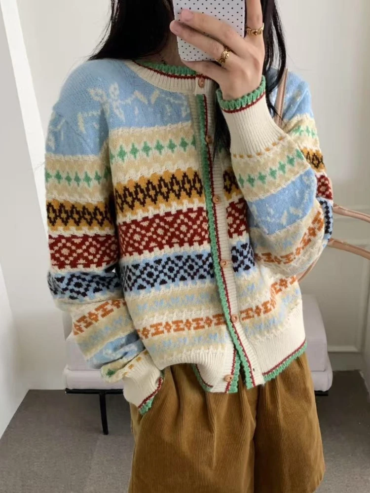 

Хикигава шикарный модный женский винтажный жаккардовый вязаный кардиган контрастного цвета, свободный осенний универсальный свитер, пальто, топ Mujer