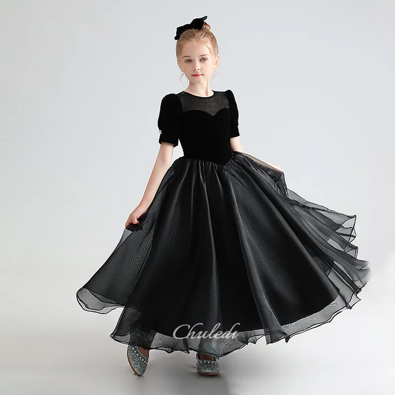 

Girl's Dress Black Velvet Round Neck Bubble Sleeve Floral Style Birthday Princess Dress Poncho