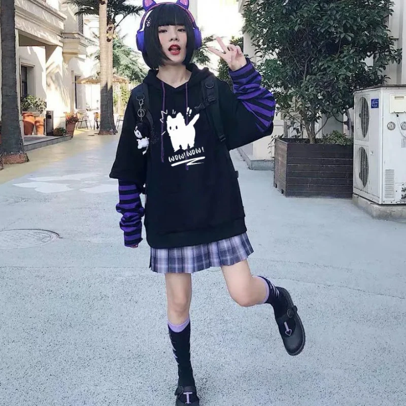 

Осень-зима, милый полосатый лоскутный контрастный свободный топ с капюшоном и принтом, женская одежда, уличные ложные два толстовки