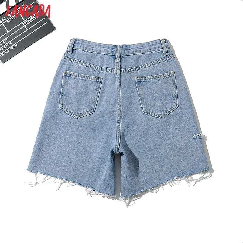 Tangada Summer Fashion Women Blue Ripped Shorts Pants Trousers Boyfriend Style Tassel Pockets Buttons Shorts PP11