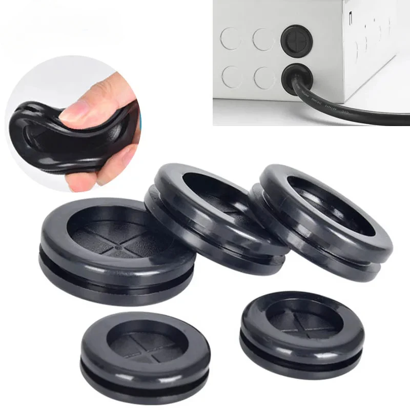 Round Rubber Gasket for Electric Cable, Double Sided Protector, Black Eyelet, Firewall Hole Stopper, Dustproof Plastic Coil