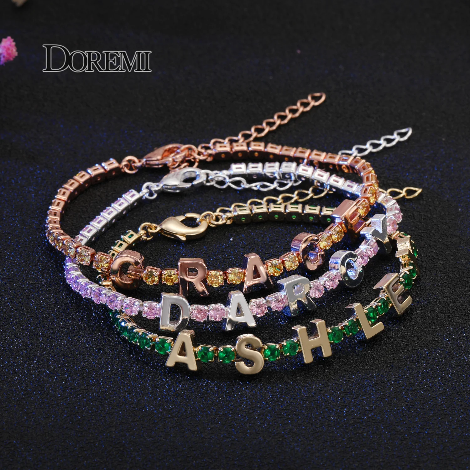 DOREMI New Custom Letters Bracelet Tennis Chain Colorful Zircon Personalized Name Bracelet Women Exquisite Customized Gift