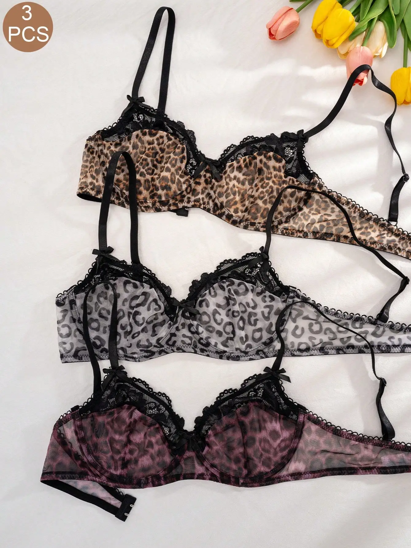 

3-Pack Women's Lace Trim Leopard Print Padded Bra Set - Sheer Mesh Design