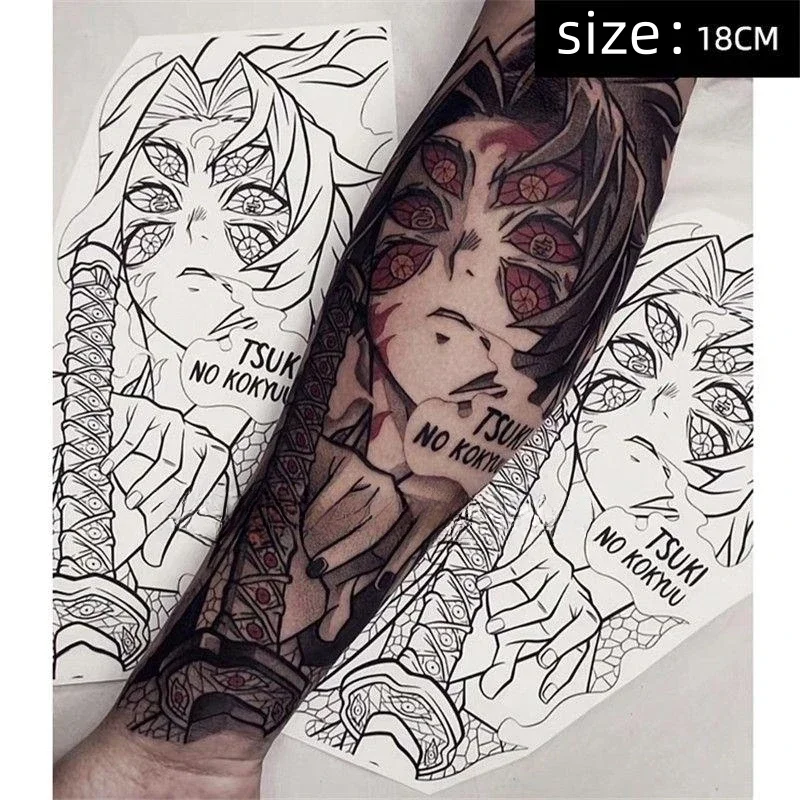 Anime Demon Slayer Kokushibou Tanjirou Temporary Tattoos Cartoon Arm Hand Big Size Body Art Waterproof Fake Tatoo Sticker